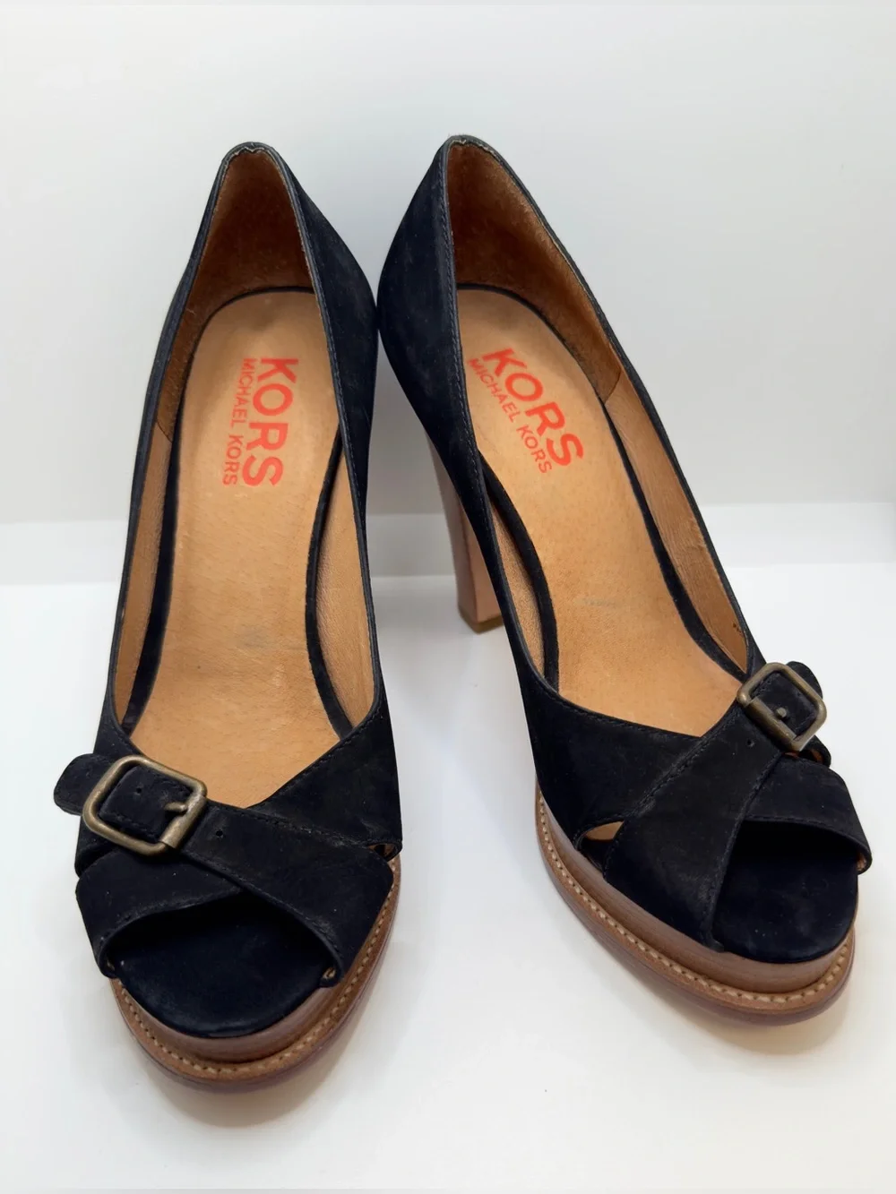 Michael Kors Black Suede Peep-Toe Block Heel Pumps with Buckle
